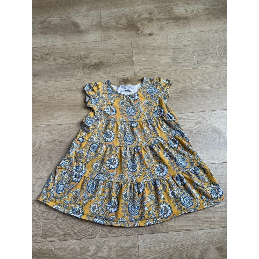 EUC Garnet Hill Kids Yellow Blue Floral Shift Girls Dress organic cotton Size XS